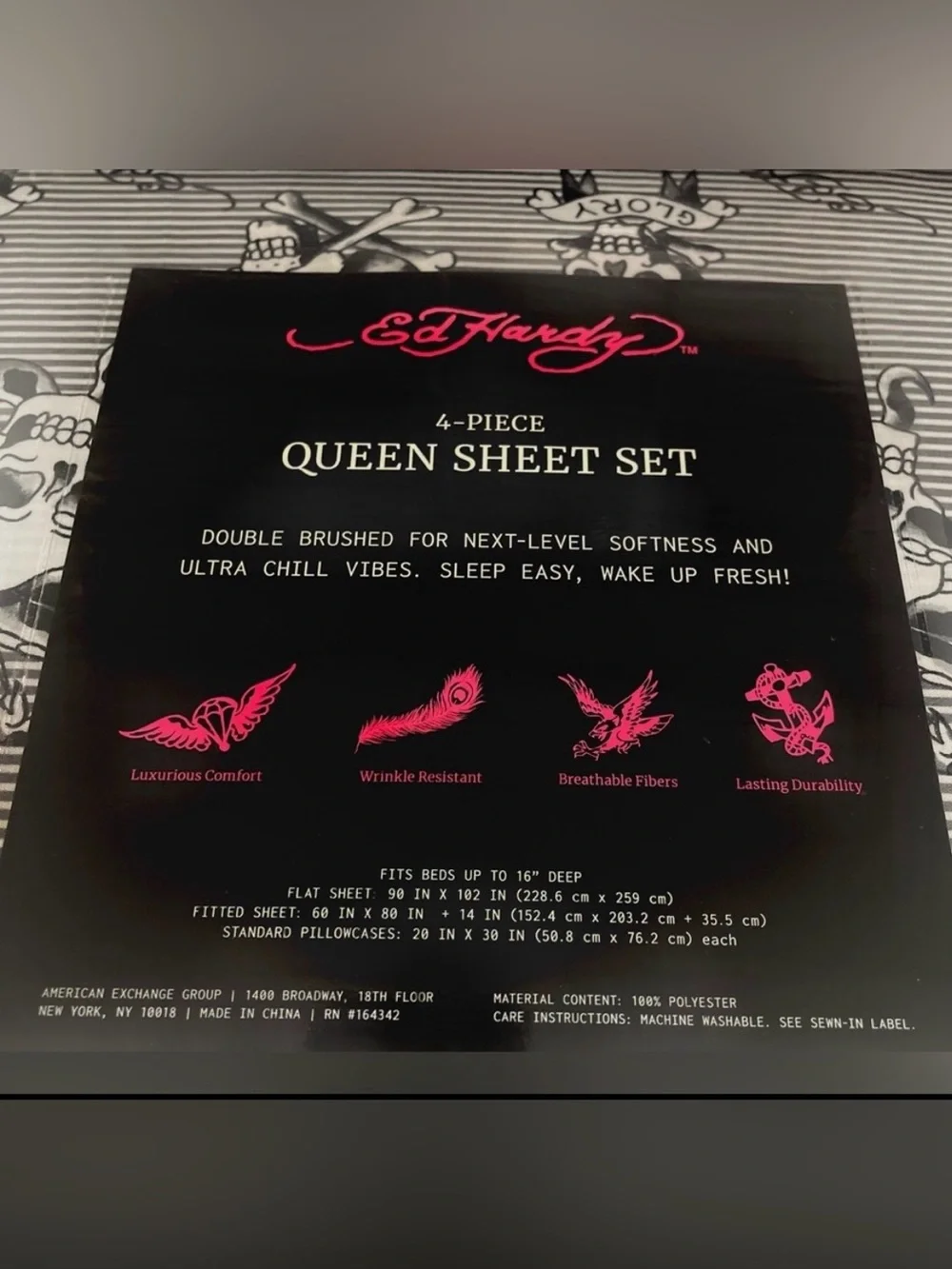 Ed Hardy Black White DP 4pc Queen Sheet Set Striped Skull Signature Logo NEW NIP